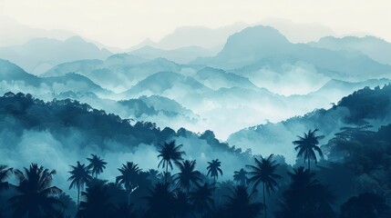 very misty simple landscape of old tropical low mountains 