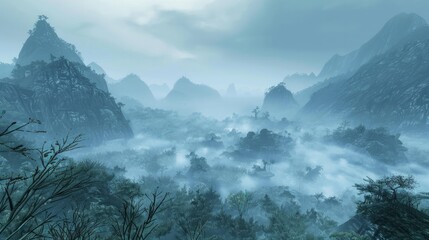 very misty simple landscape of old tropical low mountains 