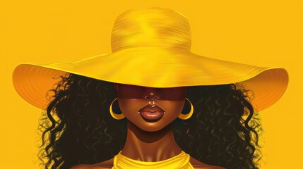 Young African American woman wearing hat, black curly hair isolated yellow background. AI generated