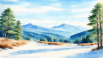 Winter forest landscape. Scenery illustration with snowy trees. Watercolor illustration, AI Generated