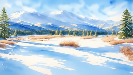 Winter forest landscape. Scenery illustration with snowy trees. Panoramic view. Watercolor illustration, AI Generated
