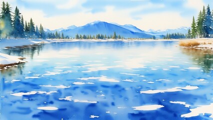 Watercolor landscape, snowy landscape on a sunny day. Watercolor illustration, AI Generated