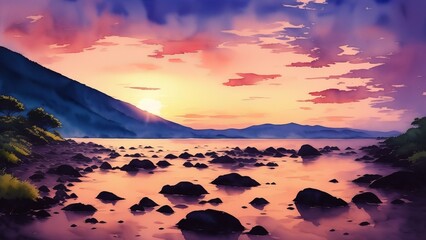 Twilight sunset over a rocky coast. An ideal moment to convey an atmosphere of calm and beauty. Watercolor illustration, AI Generated