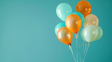 Orange and Turquoise Balloons Rising in the Air isolated on cyan background. AI generated image
