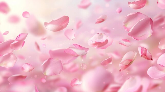 Realistic flying pink rose and cherry blossom petals flower background. AI generated image