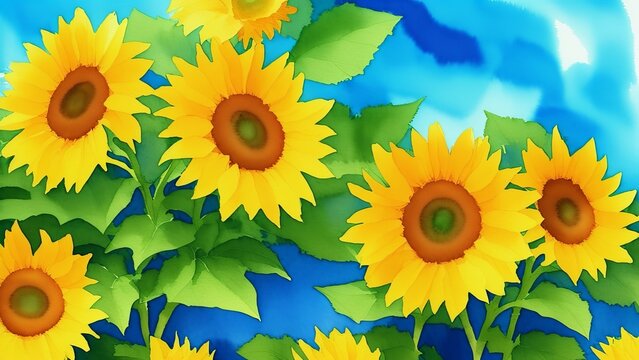 Watercolor impressions of sunflowers and marigolds on a rough textured paper, evoking the warmth of a summer afternoon. Watercolor illustration, AI Generated