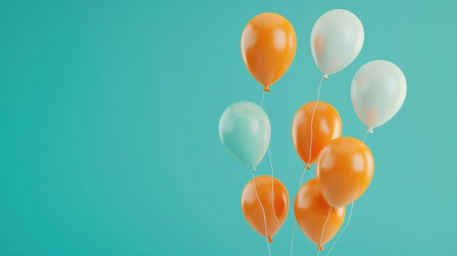 Orange and Turquoise Balloons Rising in the Air isolated on cyan background. AI generated image