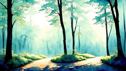 Phantom rays of light through a foggy forest. The atmosphere of mystery and silence of nature. Watercolor illustration, AI Generated