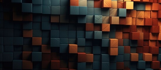 The image shows a wall built using alternating orange and black cubes. The cubes are neatly arranged in rows, creating a striking geometric pattern.
