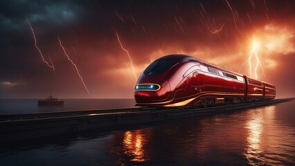 fast moving car Luxury train on the ocean in a lightning storm. Sci fi  fancy red gold detailed matte paint - obrazy, fototapety, plakaty