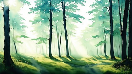 Phantom rays of light through a foggy forest. The atmosphere of mystery and silence of nature. Watercolor illustration, AI Generated