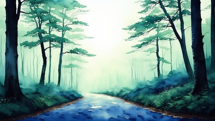 Mystical forest in the fog among old trees. Watercolor illustration, AI Generated
