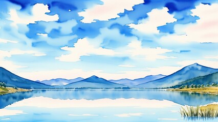 Silent lake reflecting the bright sky and mountains. Offers a wonderful image for meditative content. Watercolor illustration, AI Generated