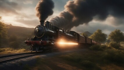 steam train in the forest steam train ride the lightning epic detailed   detailed matte painting, deep color, fantastical,   - obrazy, fototapety, plakaty
