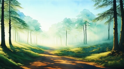 Mystical forest in the fog among old trees. Creates an atmosphere of mystery and magic. Watercolor illustration, AI Generated