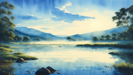 Mysterious fog over a quiet lake at dawn. Watercolor illustration, AI Generated