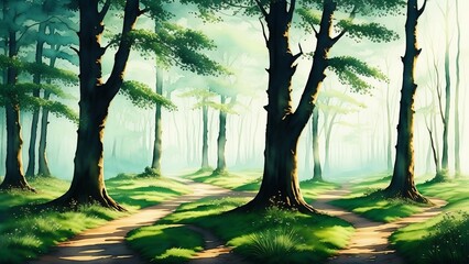 Mystical forest in the fog among old trees. Watercolor illustration, AI Generated