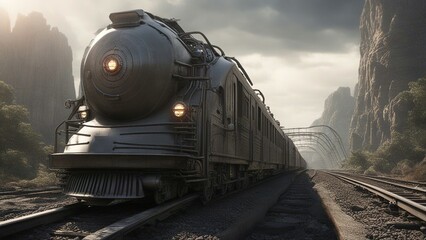 steam train in the countryside An apocalyptic train that escapes the doom of the world on a futuristic and alien railway.   - obrazy, fototapety, plakaty