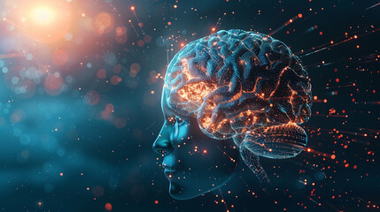 A digital brain in a transparent skull with light rays emanating outward, illustrating AI enlightenment and innovation, with copy space