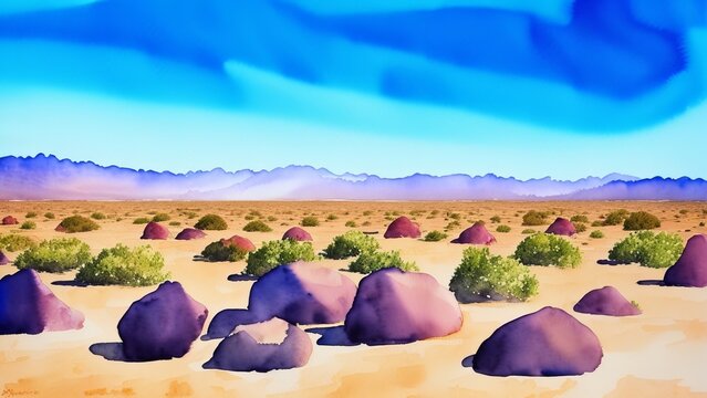 Multi-colored rocks in the sultry desert. A picture of colors and contrasts in a harsh climate. Watercolor illustration, AI Generated