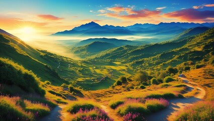Amazing sunrise over a picturesque mountain valley. It makes an ideal landscape for travel brochures. Watercolor illustration, AI Generated