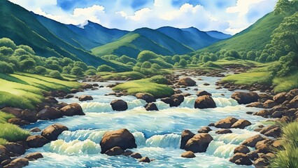A stormy stream of water in the mountains among green forests. Demonstrates the power and energy of nature. Watercolor illustration, AI Generated