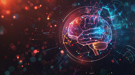 Fototapeta premium A digital brain with various mathematical and scientific symbols orbiting around it, portraying AI's vast knowledge base, with copy space