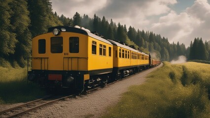 Obraz premium train on the railway _A yellow train on a quiet road in the countryside. The train is a vintage locomotive that runs 