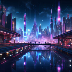 A futuristic cityscape with neon lights.