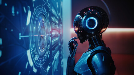 A humanoid robot gazing into a holographic projection of a futuristic AI interface, representing advanced machine learning, with copy space