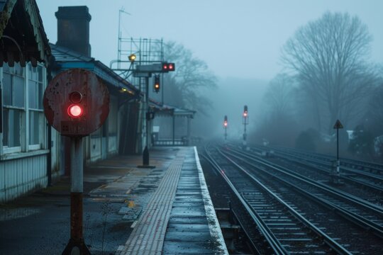 A moody scene at a railway station as dusk sets in, with red signal lights glowing through the fog, and tracks vanishing into the mist-shrouded landscape, imparting a sense of quiet and anticipation.