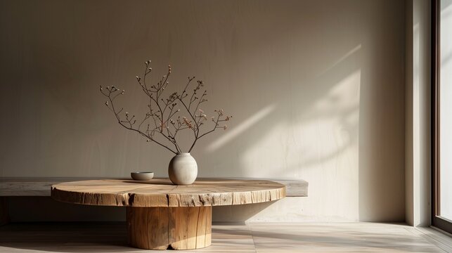 Natural textures of the wooden table adding warmth to the minimalist composition.