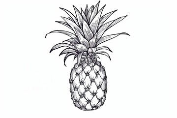 A highly detailed line art of a pineapple, featuring the textured surface of its skin and the dramatic tuft of leaves, presented on a crisp white background.