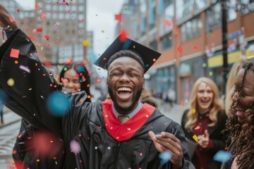 A jubilant graduate exclaims in victory amid a fluttering shower of confetti, surrounded by friends, embodying the pure joy of graduation day. - obrazy, fototapety, plakaty