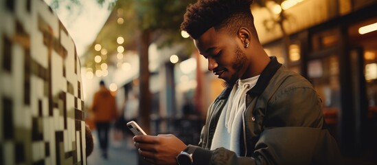 An anonymous African American man is standing in front of a building, focused on his cell phone. He appears to be using a QR code for payment, engrossed in the digital transaction.