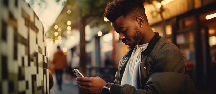 An anonymous African American man is standing in front of a building, focused on his cell phone. He appears to be using a QR code for payment, engrossed in the digital transaction.