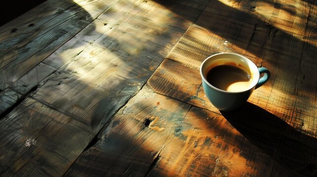 Soft shadows playing across the surface of the wooden table beneath the coffee mug.