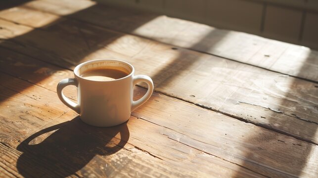 Soft shadows playing across the surface of the wooden table beneath the coffee mug.