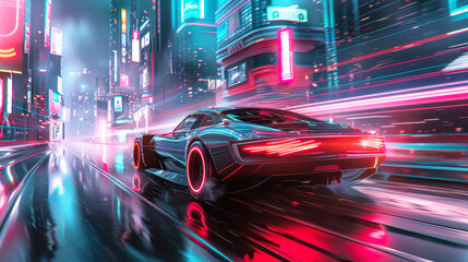 Sports car speeding through a futuristic neon-lit city. Digital art concept of future urban transportation and speed. 