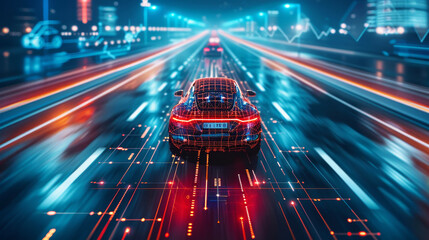 High-performance sports car racing through neon city streets. Vibrant digital artwork of a sleek...