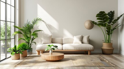 Modern minimalist living room interior with indoor plants and natural light. Contemporary home decor with neutral tones and a touch of greenery for a tranquil, eco-friendly atmosphere.