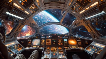 Pilot's view from the cockpit of a spacecraft approaching a warp in space. Sci-fi concept of interstellar travel and space exploration