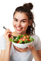 a happy young woman eating healthy salad with spoon on white background, in the style of light gray and light crimson, youthful, isolated, png, cutout
