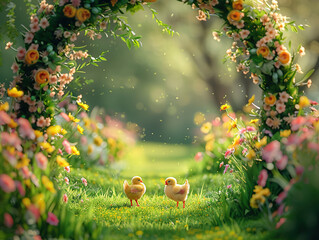 Beautiful rural archway decorated with spring flowers, with colorful Easter eggs and yellow chickens in green grass, soft lighting, soft focus, bokeh, photorealistic