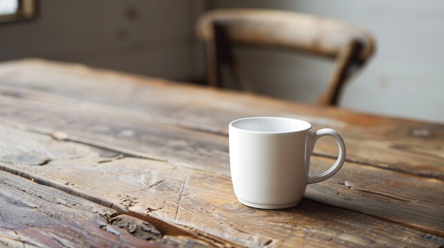 The contrast between the stark white mug and the rich woodgrain of the table.