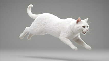 white cat model jumping on a grey background