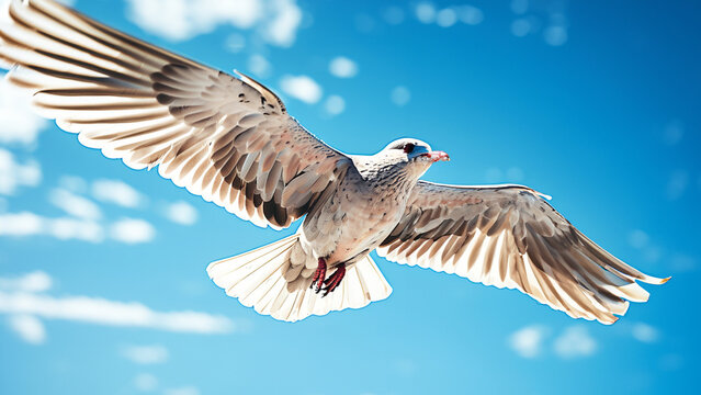 a flying bird in a bright blue sky