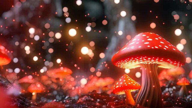 Fantasy mushroom with bokeh light in the forest at night, 3d illustration of abstract background with bokeh lights and mushrooms, AI Generated