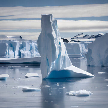 A serene yet sobering polar landscape, indicative of a calm day as the ice melts in the Arctic region.