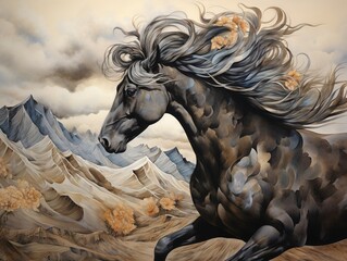 The powerful profile of a wild horse against a dusty mountainous backdrop cosmos 3d acrylic painting